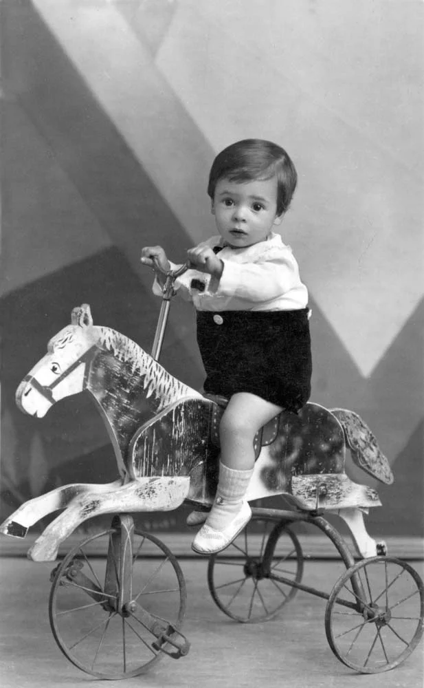 Niño sobre caballo con ruedas