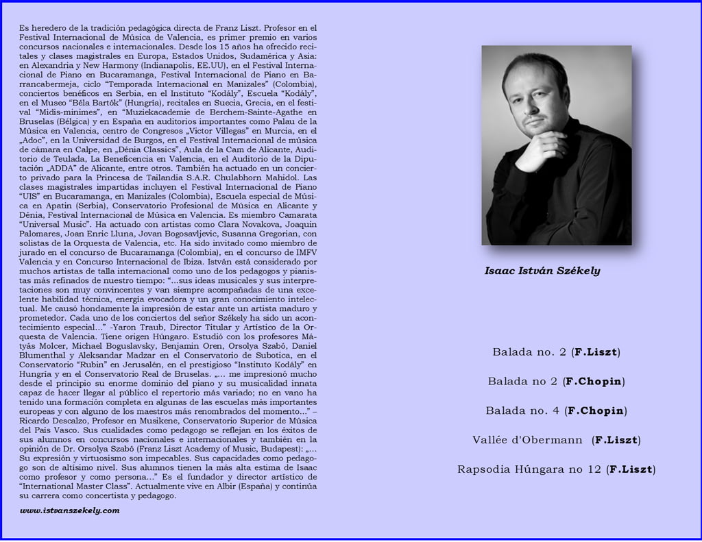 Programa del concierto del pianista István Székely