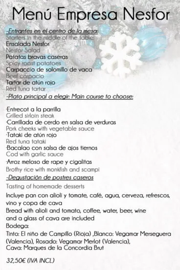 Menú empresa Tapeo Restaurante Nesfor