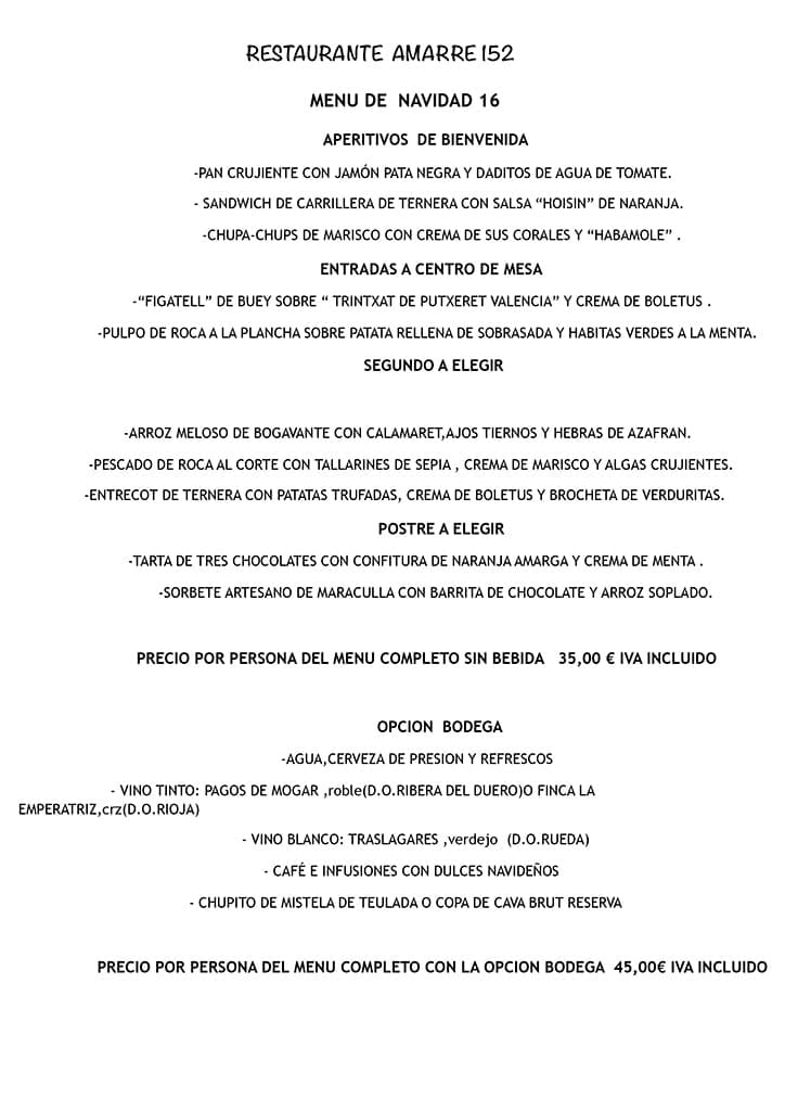 Menú de Navidad 2016 de Amarre 152