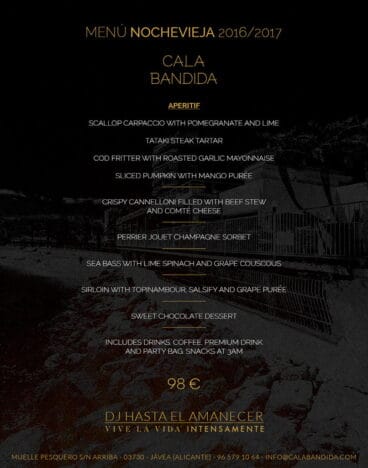 Menú Nochevieja en inglés Cala Bandida