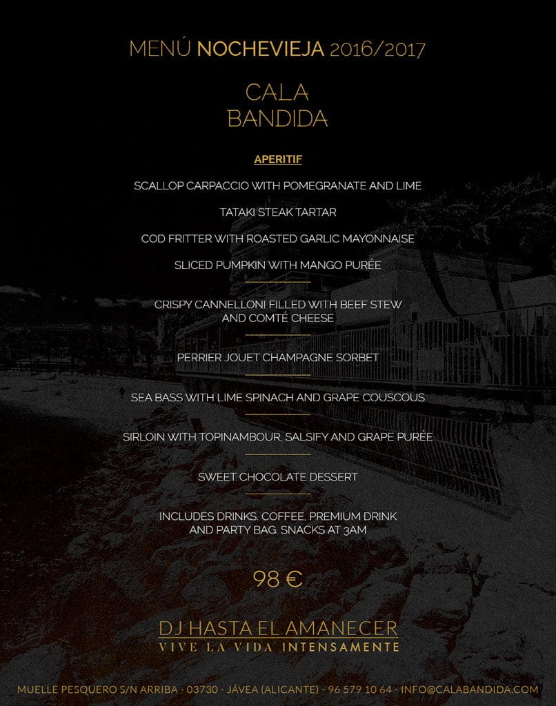 Menú Nochevieja en inglés Cala Bandida