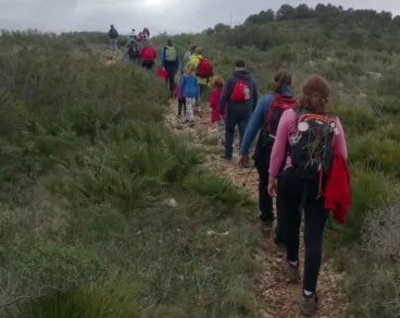 Excursionistas en fila india por una senda