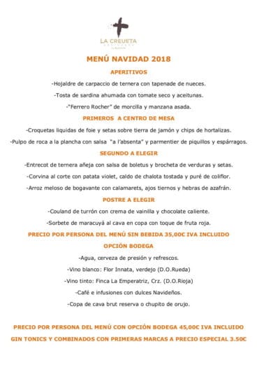 Menú Navidad 2018 La Creueta