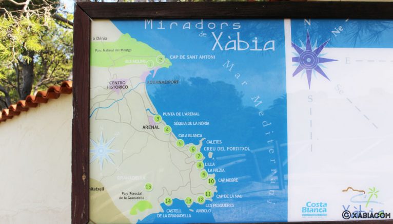 Detail of the position of each viewpoint on the Route of the Miradores de Jávea