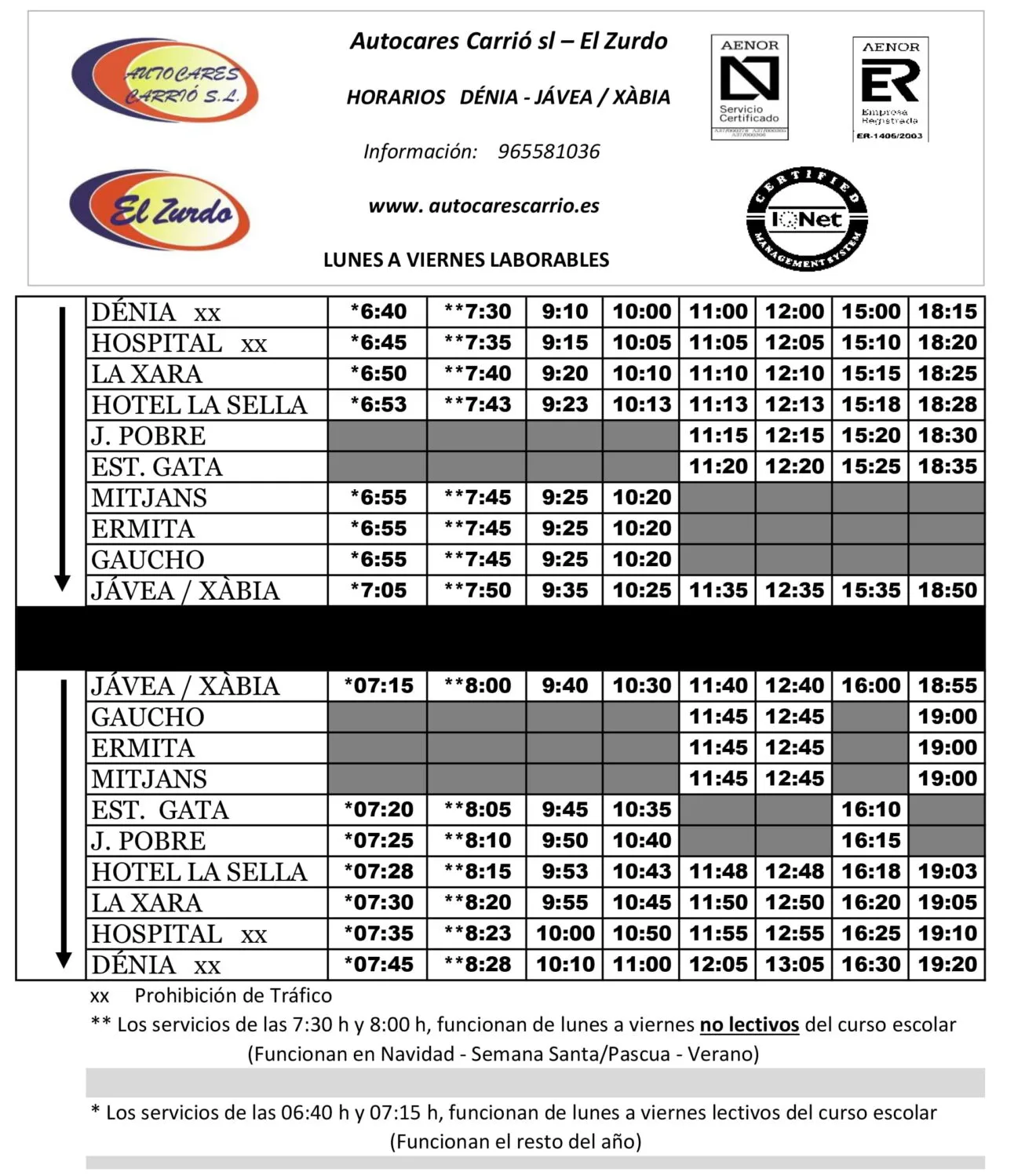 Horarios de autobús de Jávea a Dénia y de Dénia a Jávea