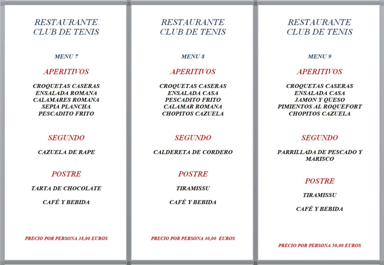 Menús de empresa, opciones 7, 8 y 9 - Restaurante Club de Tenis Jávea
