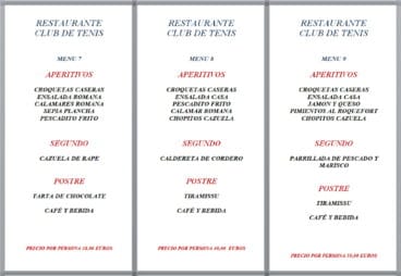 Menús de empresa, opciones 7, 8 y 9 – Restaurante Club de Tenis Jávea
