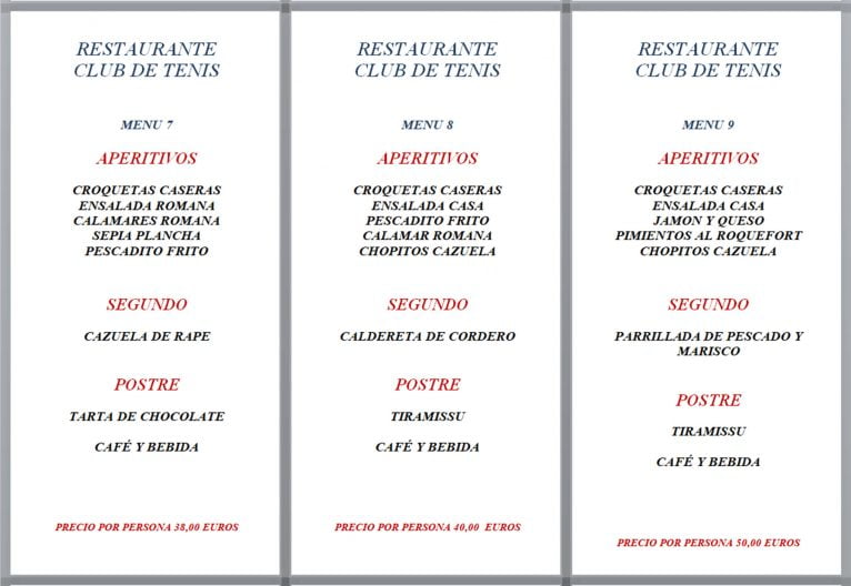 Menús de empresa, opciones 7, 8 y 9 - Restaurante Club de Tenis Jávea