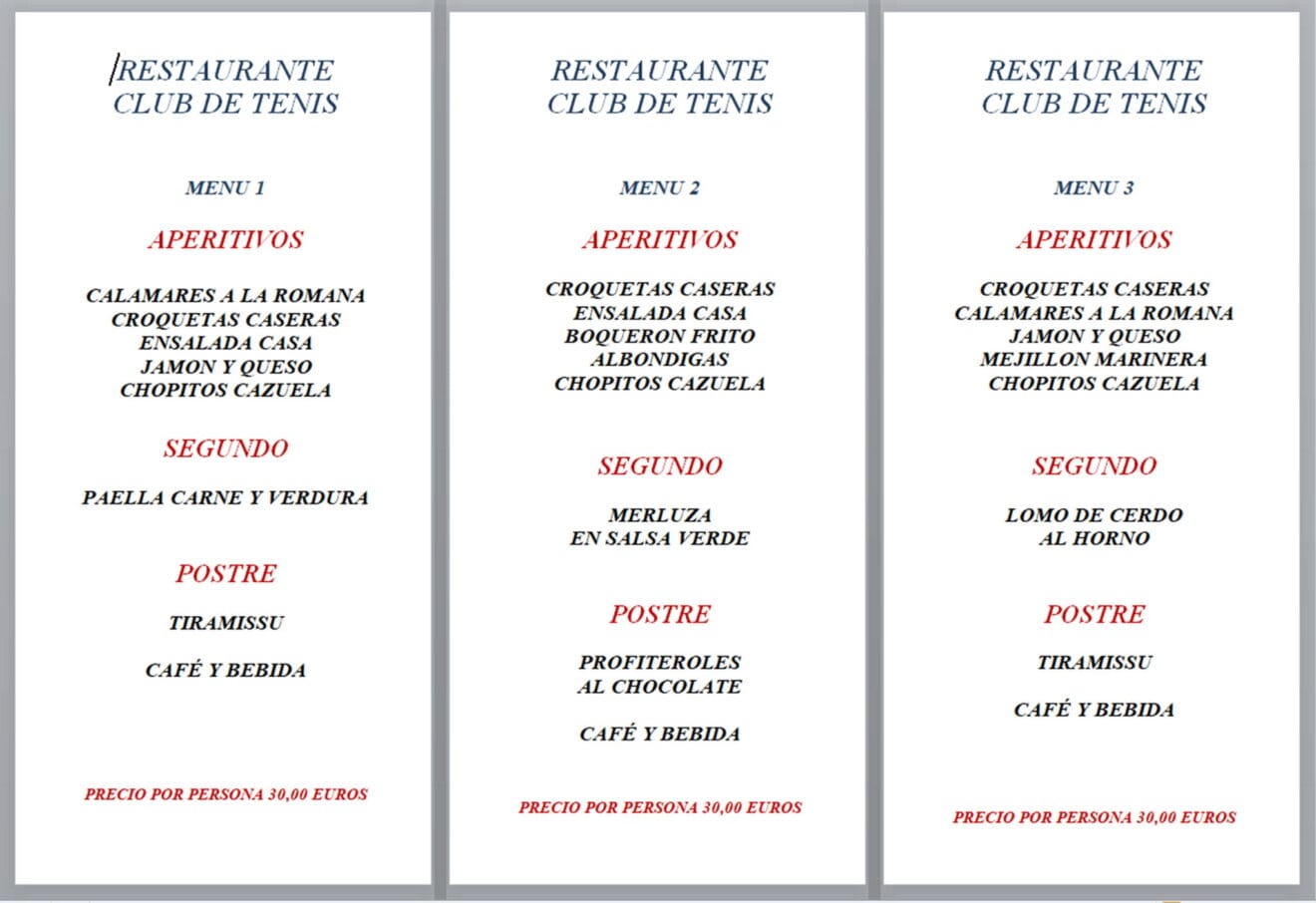 Menús de empresa opciones 1, 2 y 3 - Restaurante Club de Tenis Jávea