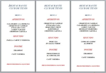 Menús de empresa opciones 1, 2 y 3 – Restaurante Club de Tenis Jávea