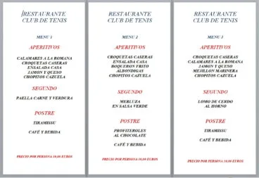 Menús de empresa opciones 1, 2 y 3 – Restaurante Club de Tenis Jávea