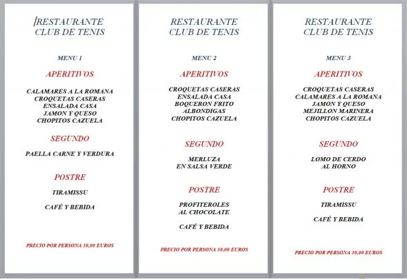 Imagen: Menús de empresa opciones 1, 2 y 3 - Restaurante Club de Tenis Jávea