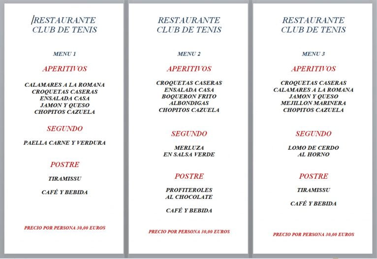 Menús de empresa opciones 1, 2 y 3 - Restaurante Club de Tenis Jávea