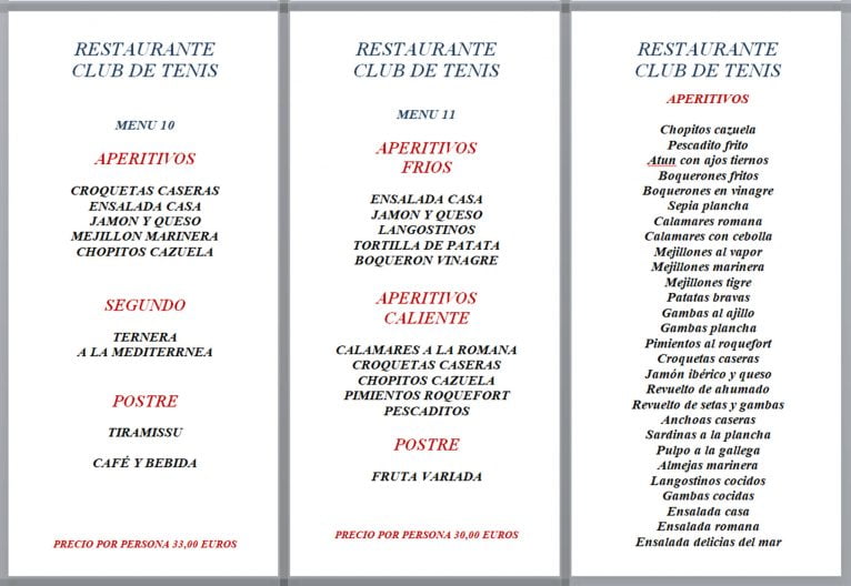 Menús de empresa, opciones 10 y 11 - Restaurante Club de Tenis Jávea