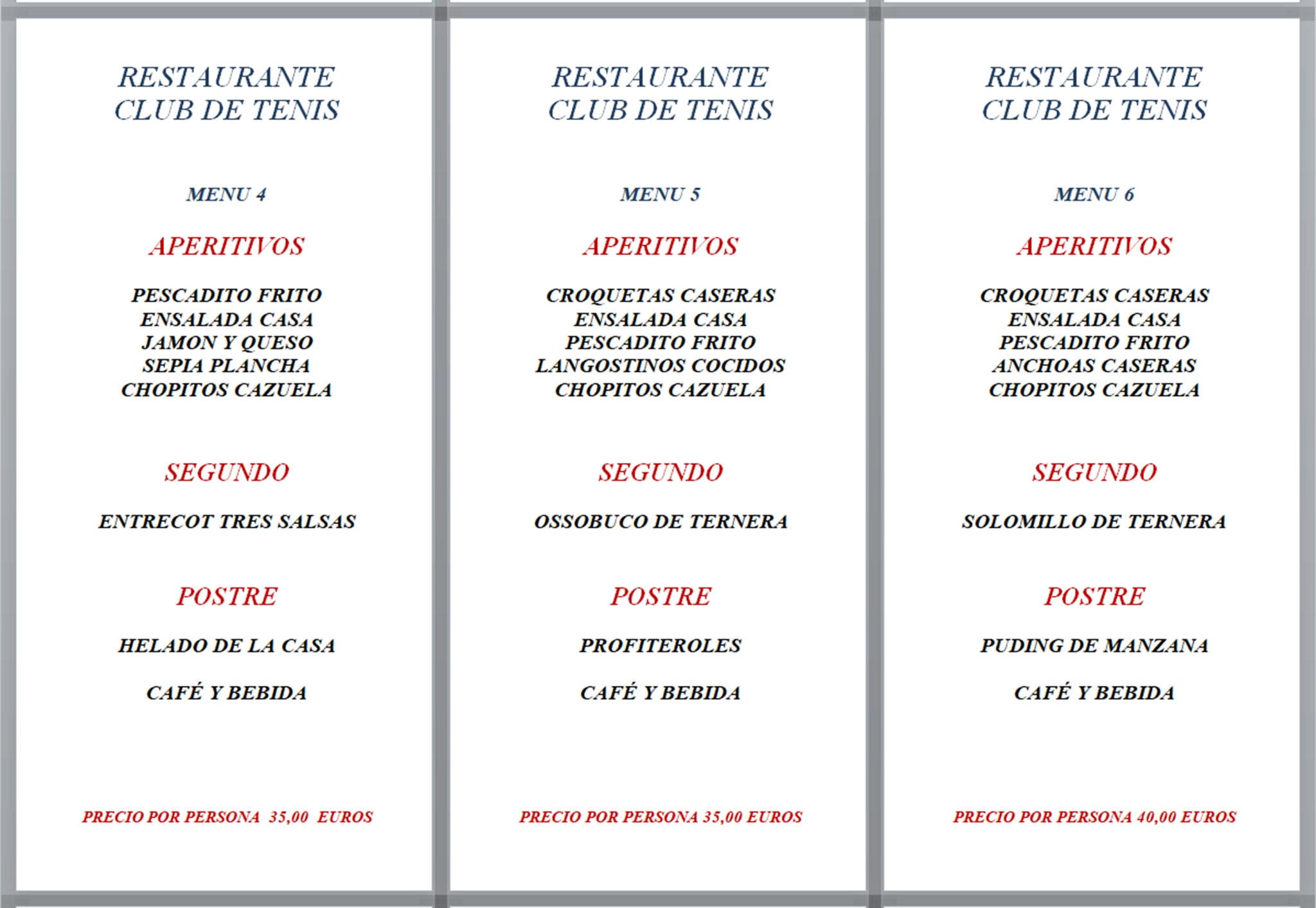 Imagen: Menús de empresa, opciones 4, 5 y 6 - Restaurante Club de Tenis Jávea