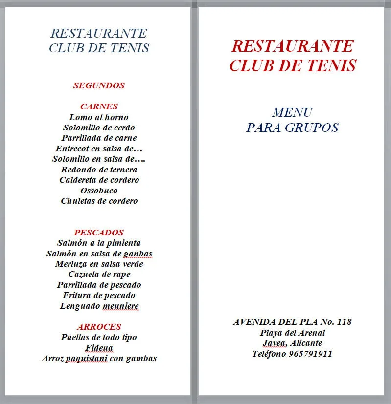 Menú para grupos - Restaurante Club de Tenis Jávea