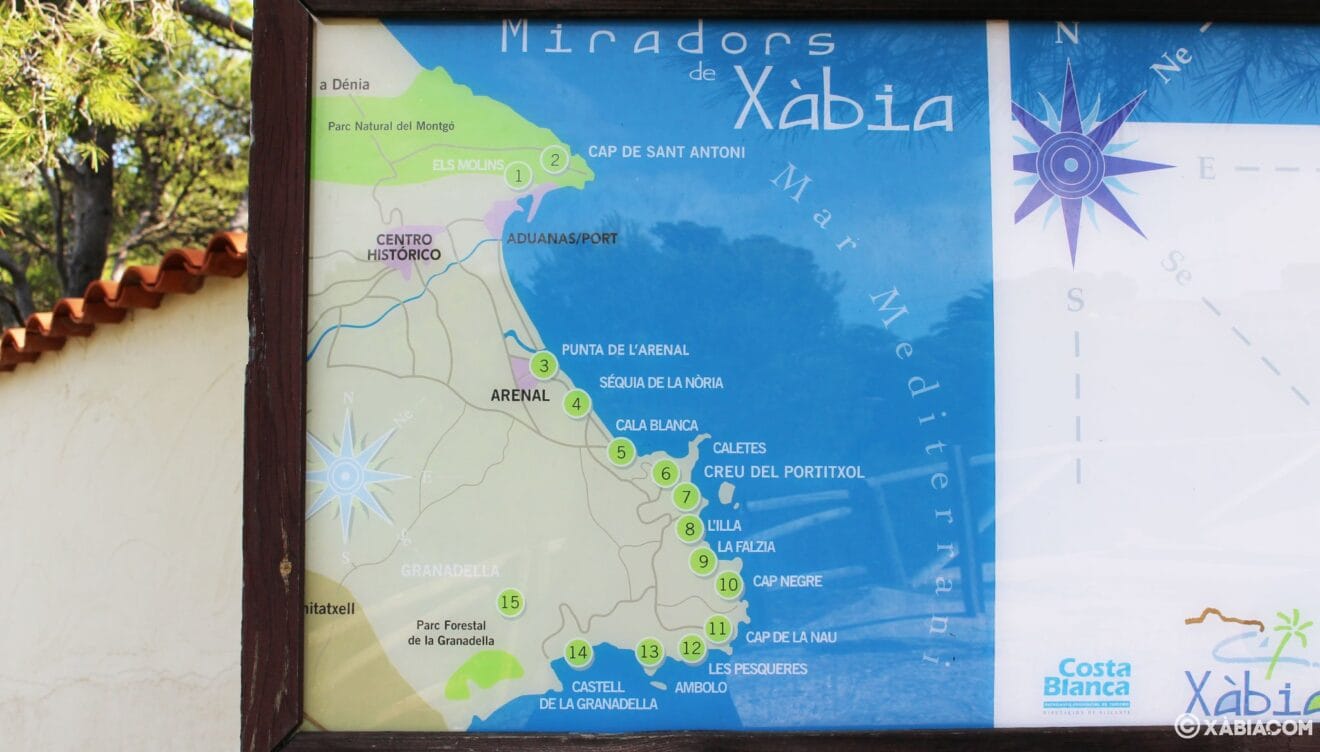 Plano de la ruta de los miradores de Jávea. El mirador Castell de la Granadella es el punto 14.