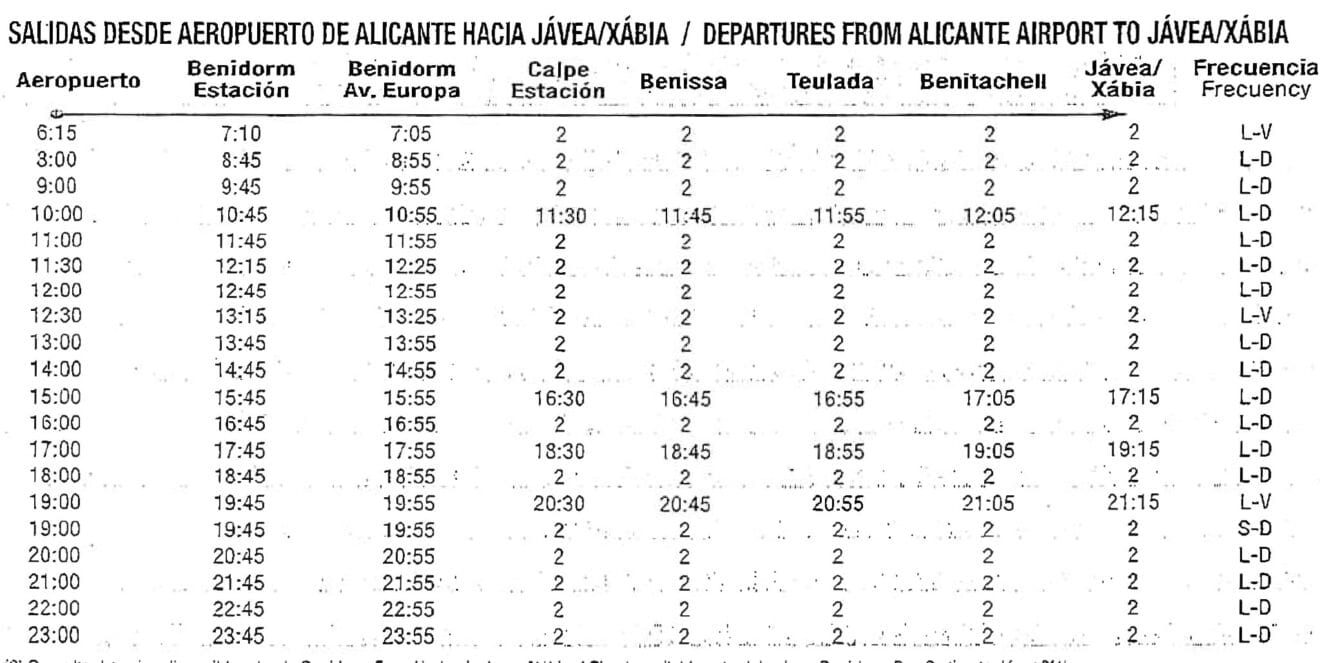 Horario de autobuses del aeropuerto de Alicante a Jávea