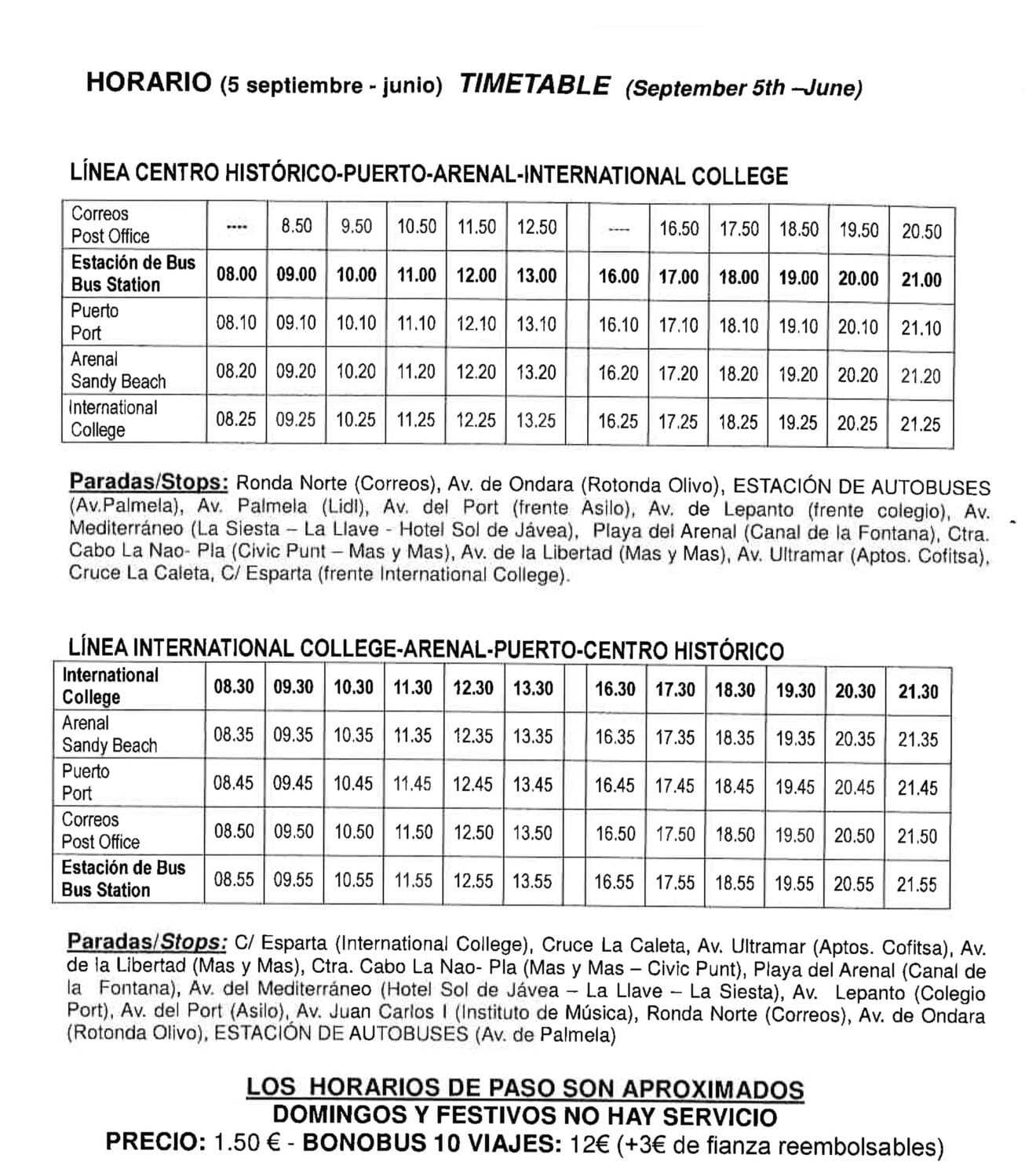 Horario de autobuses del centro de Jávea al puerto y al International College