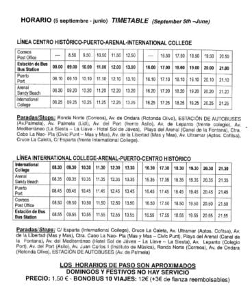 Horario de autobuses del centro de Jávea al puerto y al International College