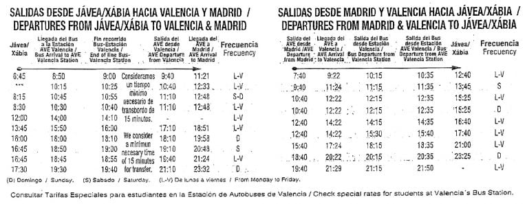 Horario autobuses Jávea-Valencia-Madrid y viceversa