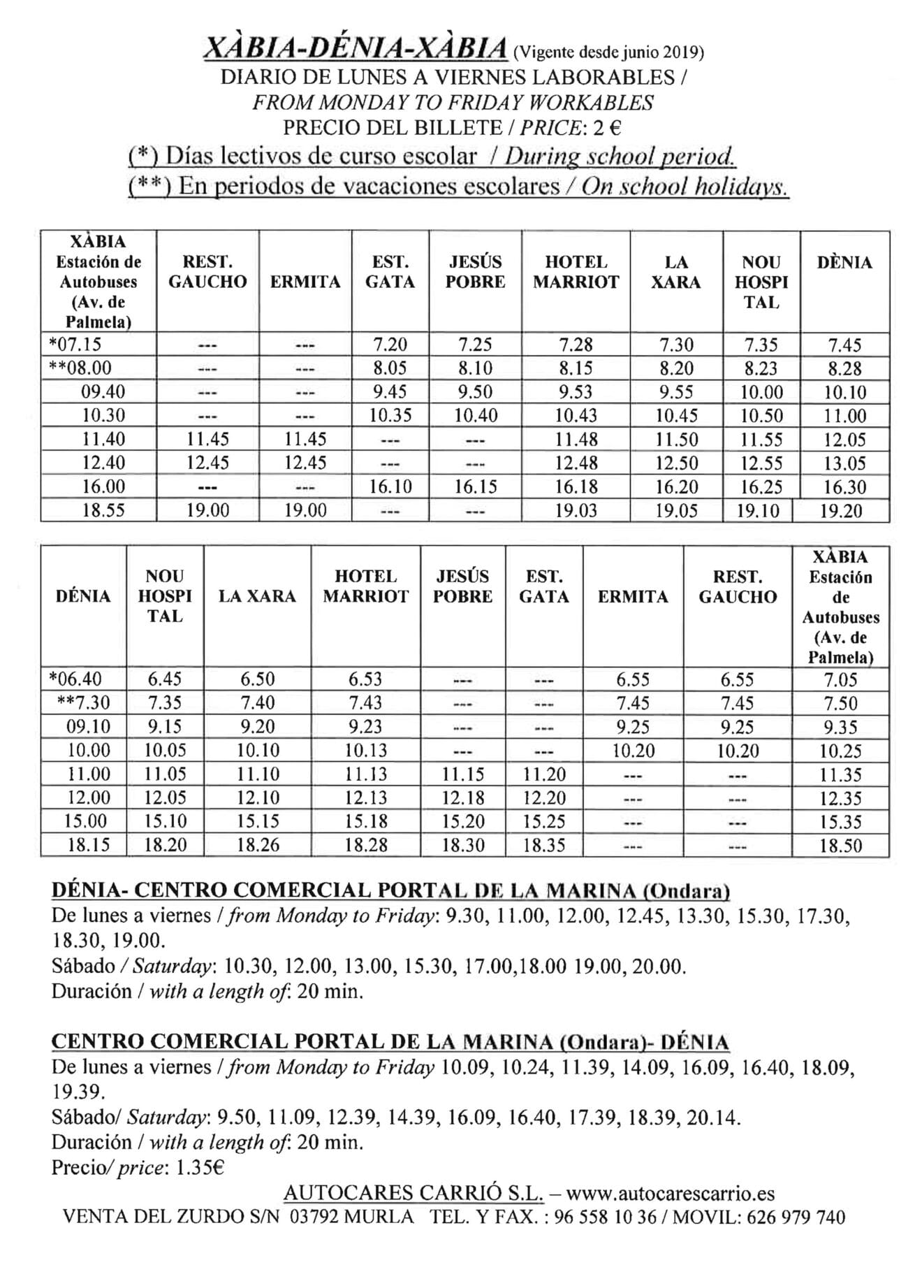 Horarios autobús Jávea-Dénia, Dénia-Jávea y enlace con Centro Comercial Portal de la Marina
