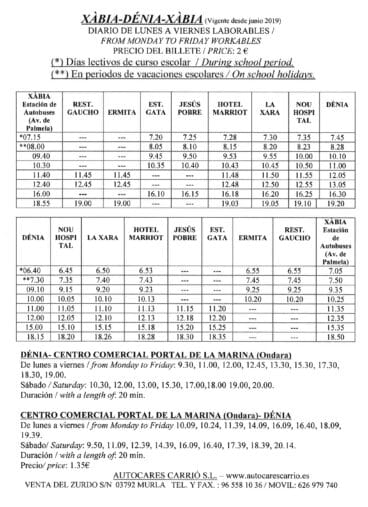 Horarios autobús Jávea-Dénia, Dénia-Jávea y enlace con Centro Comercial Portal de la Marina