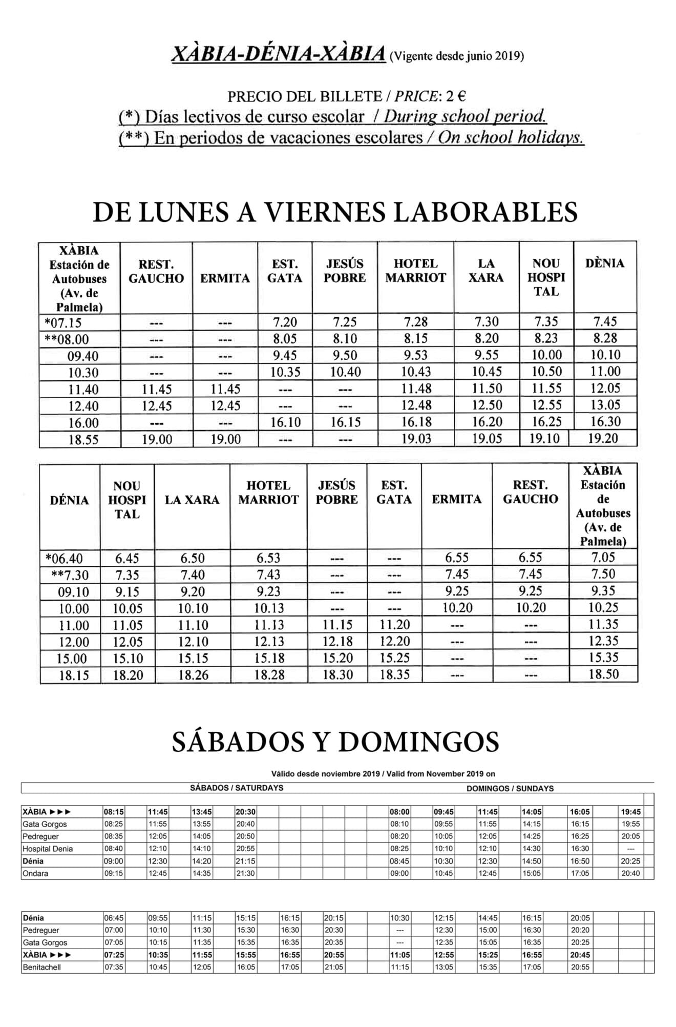 Horarios de autobuses entre Jávea y Dénia