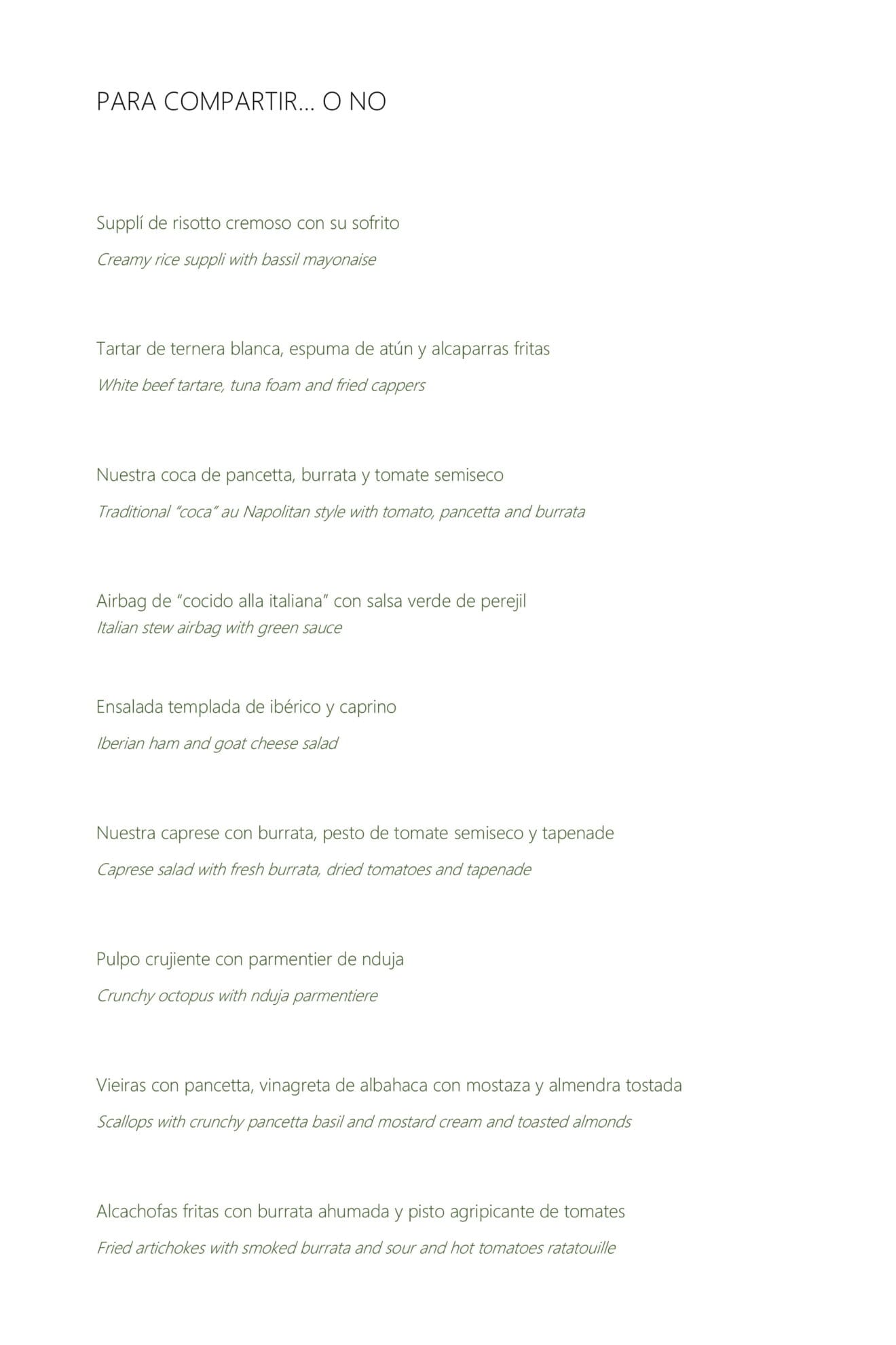 Nueva carta del Restaurante Da Giulia, página 1