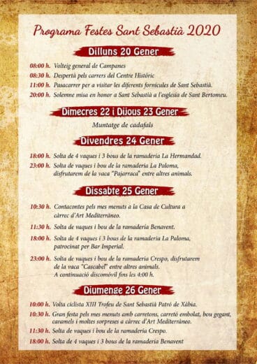 Programación fiestas de Sant Sebastià Xàbia 2020