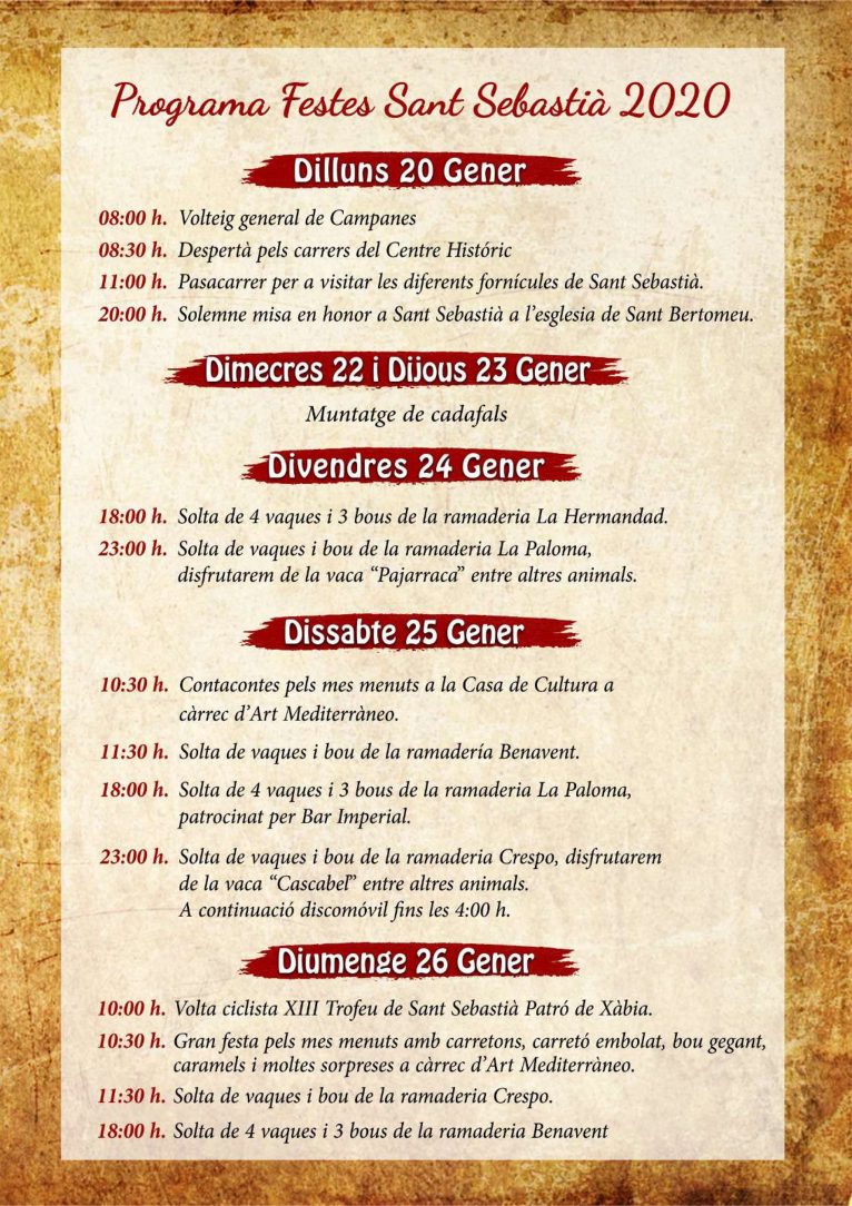 Programación fiestas de Sant Sebastià Xàbia 2020