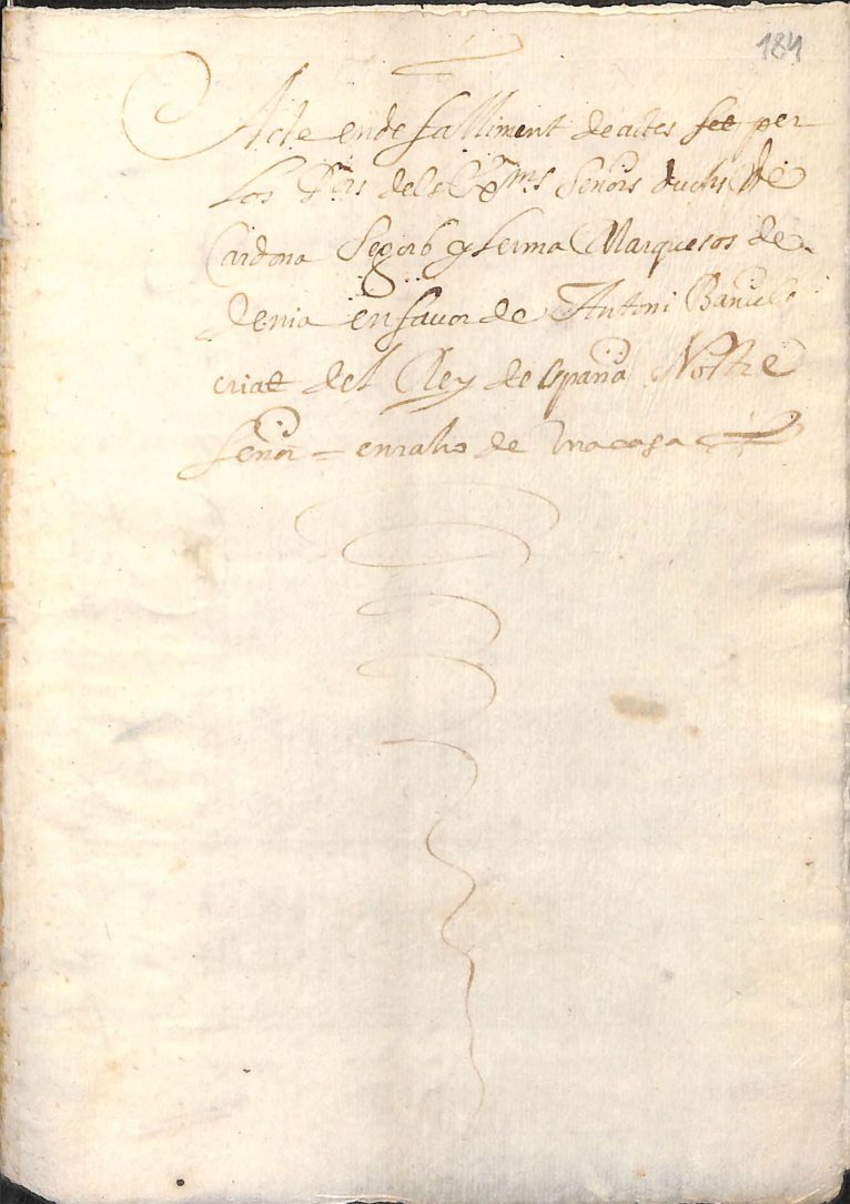 Documento del Acte de Falliment d'Antoni Bañuls, datado en 1650 y conservado en el Arxiu Municipal de Xàbia