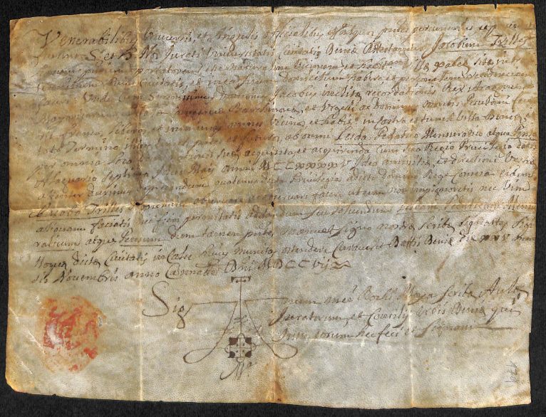 Certificado en pergamino de Jaime Trilles, de 1707, conservado en el Archivo de Jávea