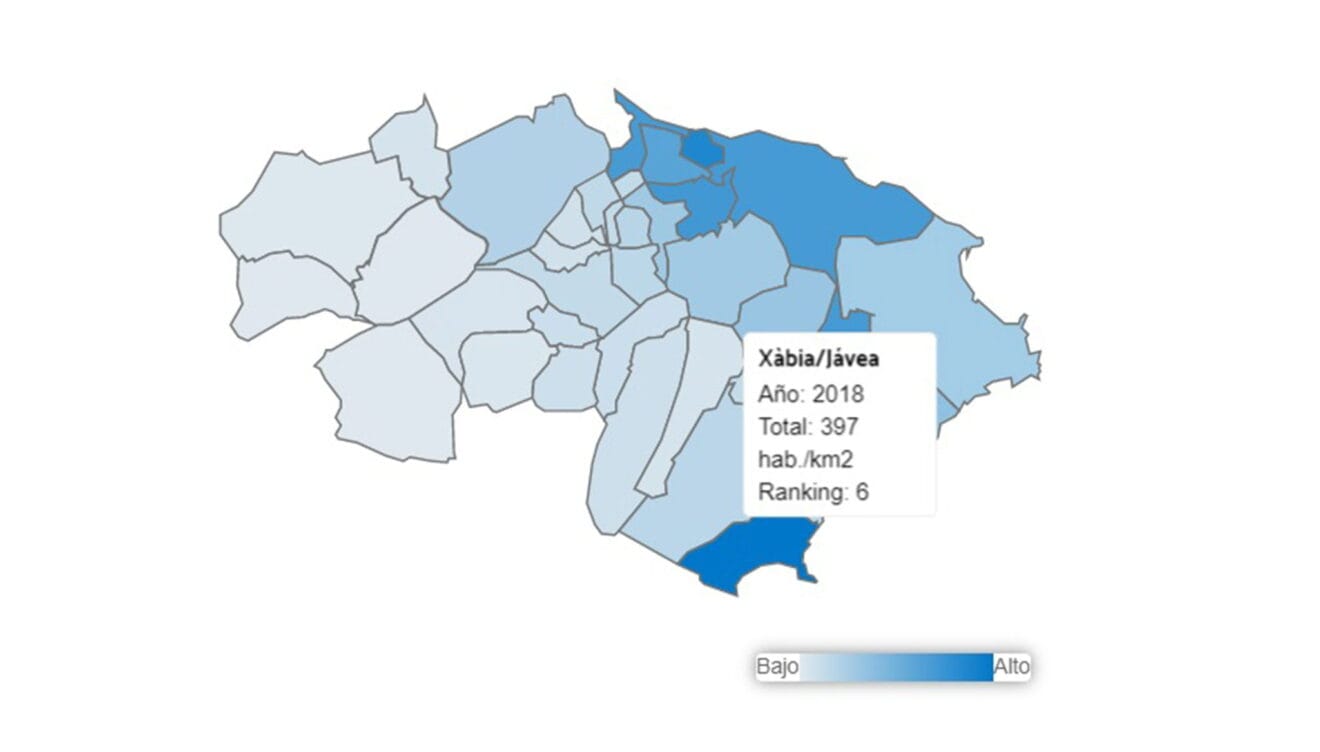 Densidad de población de Jávea en 2018, datos de L'Observatori
