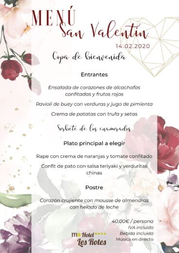 Menú especial San Valentín 14 de febrero de 2020 – Hotel Les Rotes