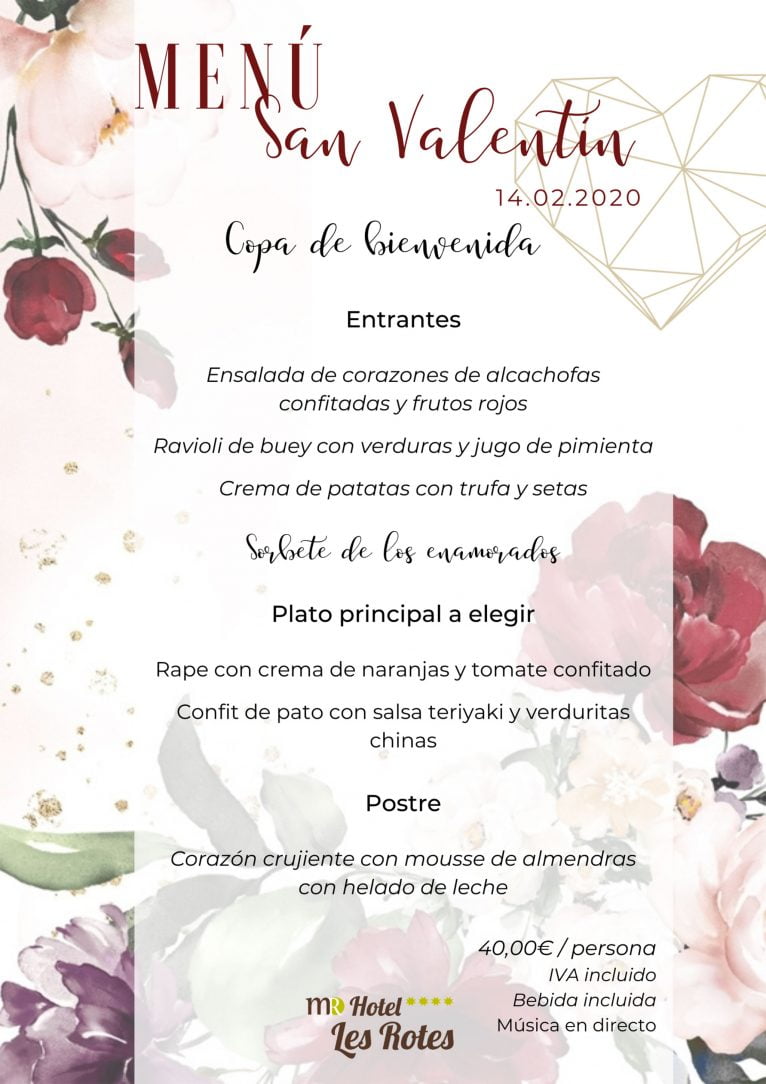 Menú especial San Valentín 14 de febrero de 2020 - Hotel Les Rotes