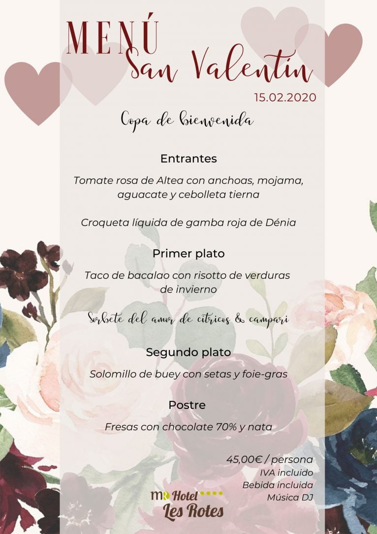 Menú de San Valentín para el 15 de febrero - Hotel Les Rotes