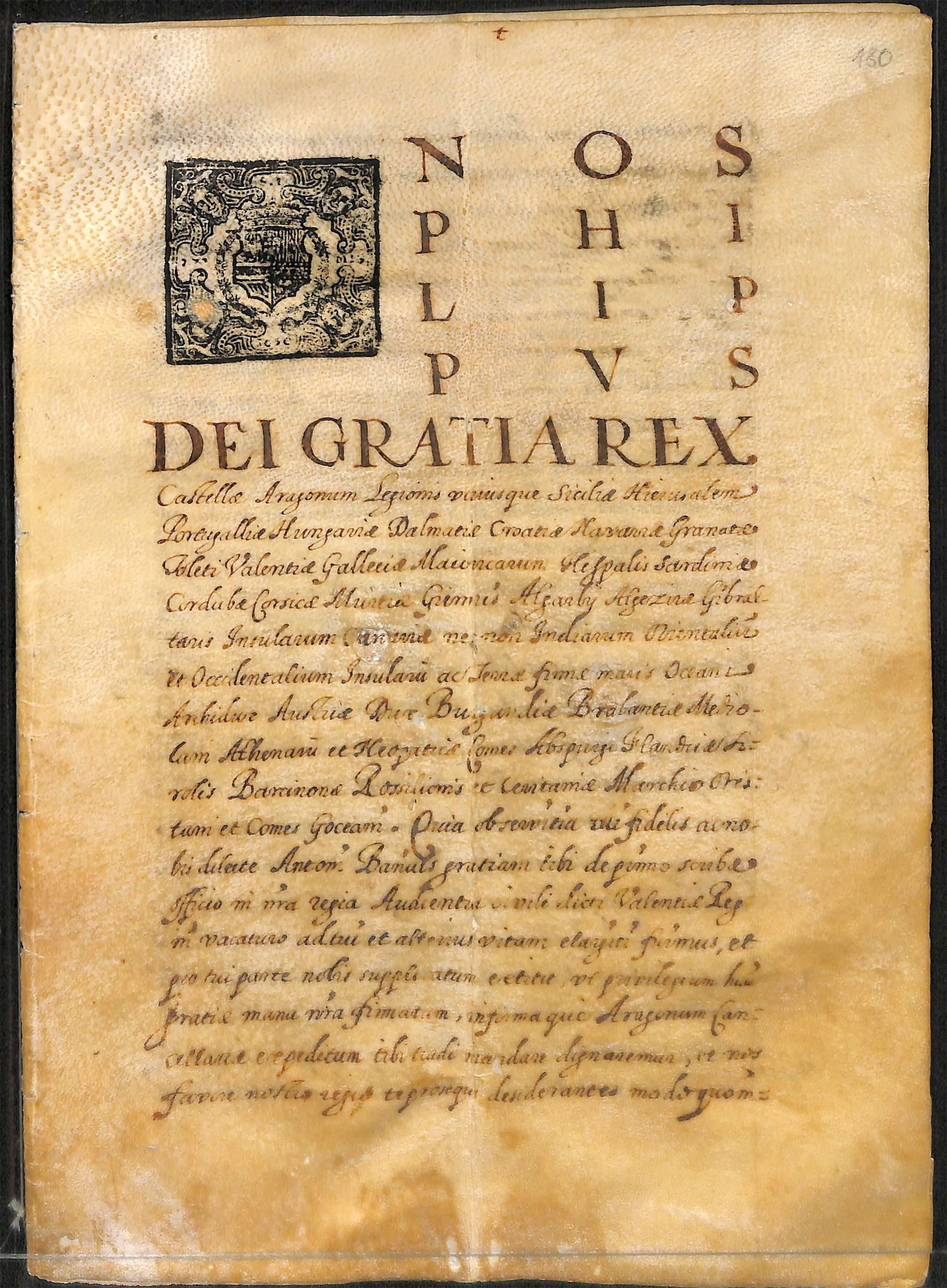 Real despacho en pergamino en que se otorga la escribanía de Valencia a Antoni Bañuls, documento de 1649