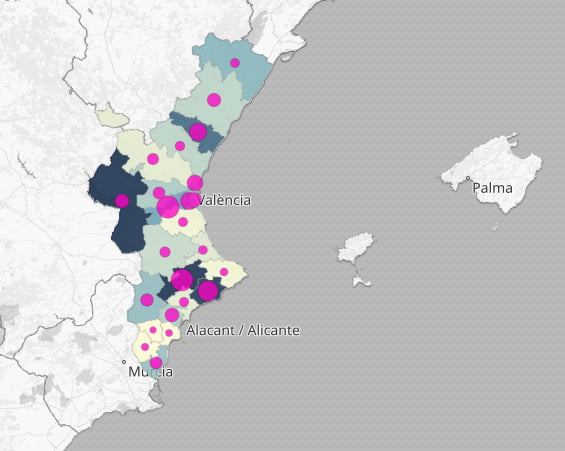 Imagen: Mapa de la Comunitat Valenciana con marcadores de fallecimientos