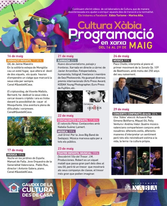 Imagen: Programacio en xarxa DEL 16 AL 29 DE MAIG 2020 Cultura Xabia