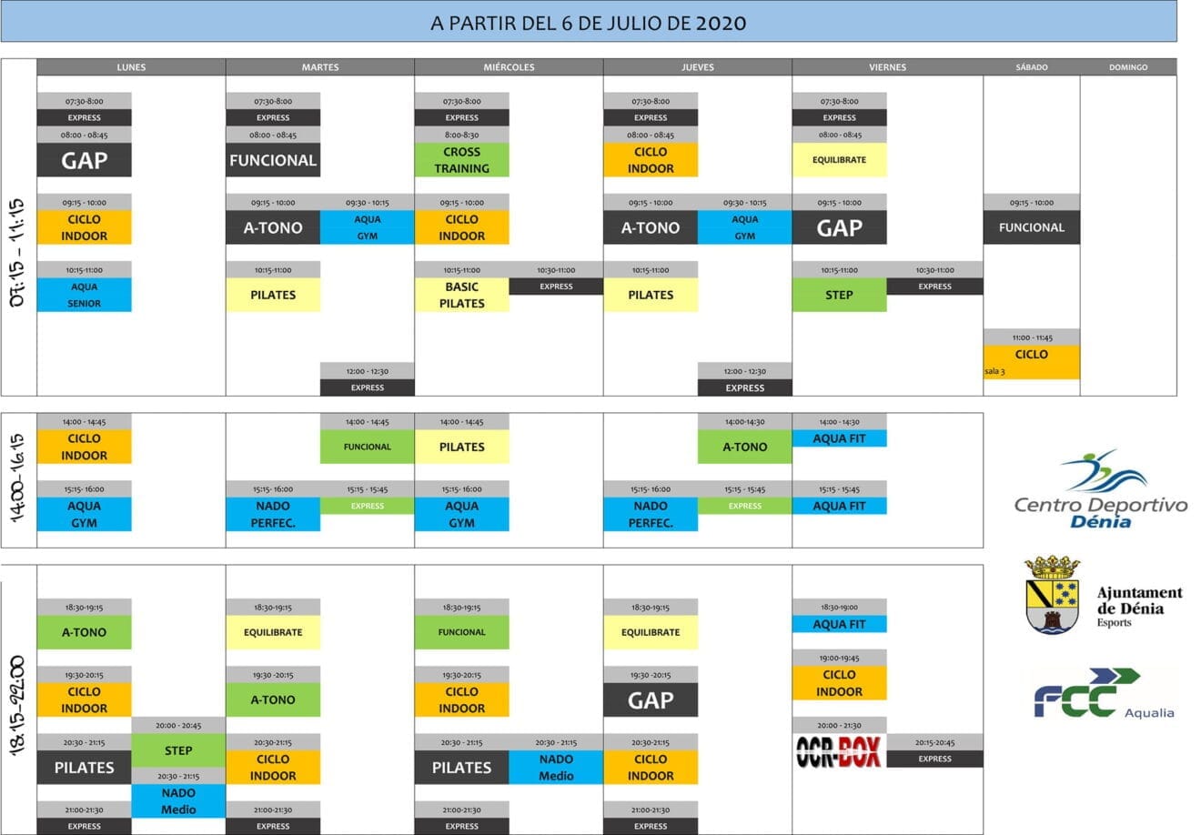 Horario de actividades de julio en Centro Deportivo Dénia