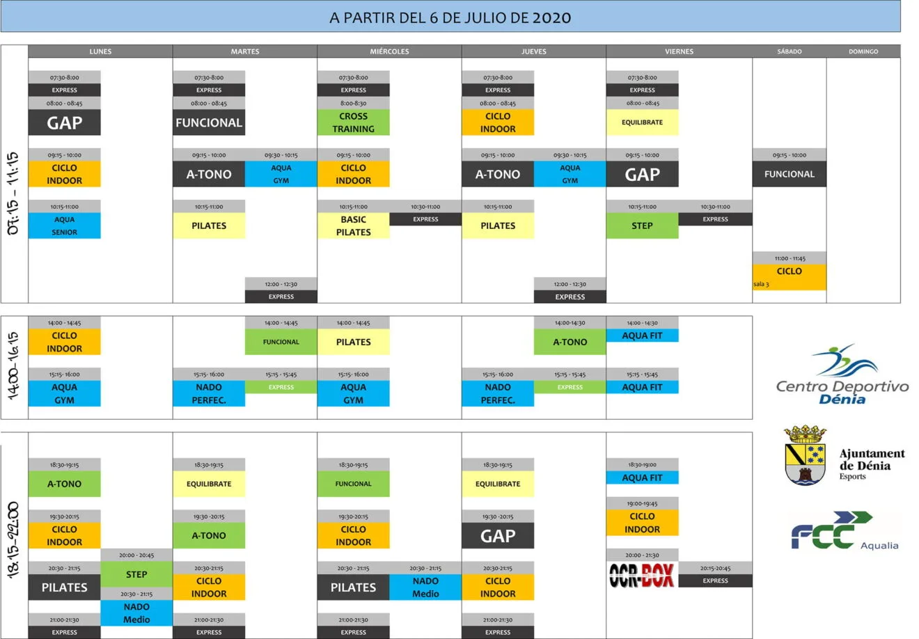 Horario de actividades de julio en Centro Deportivo Dénia