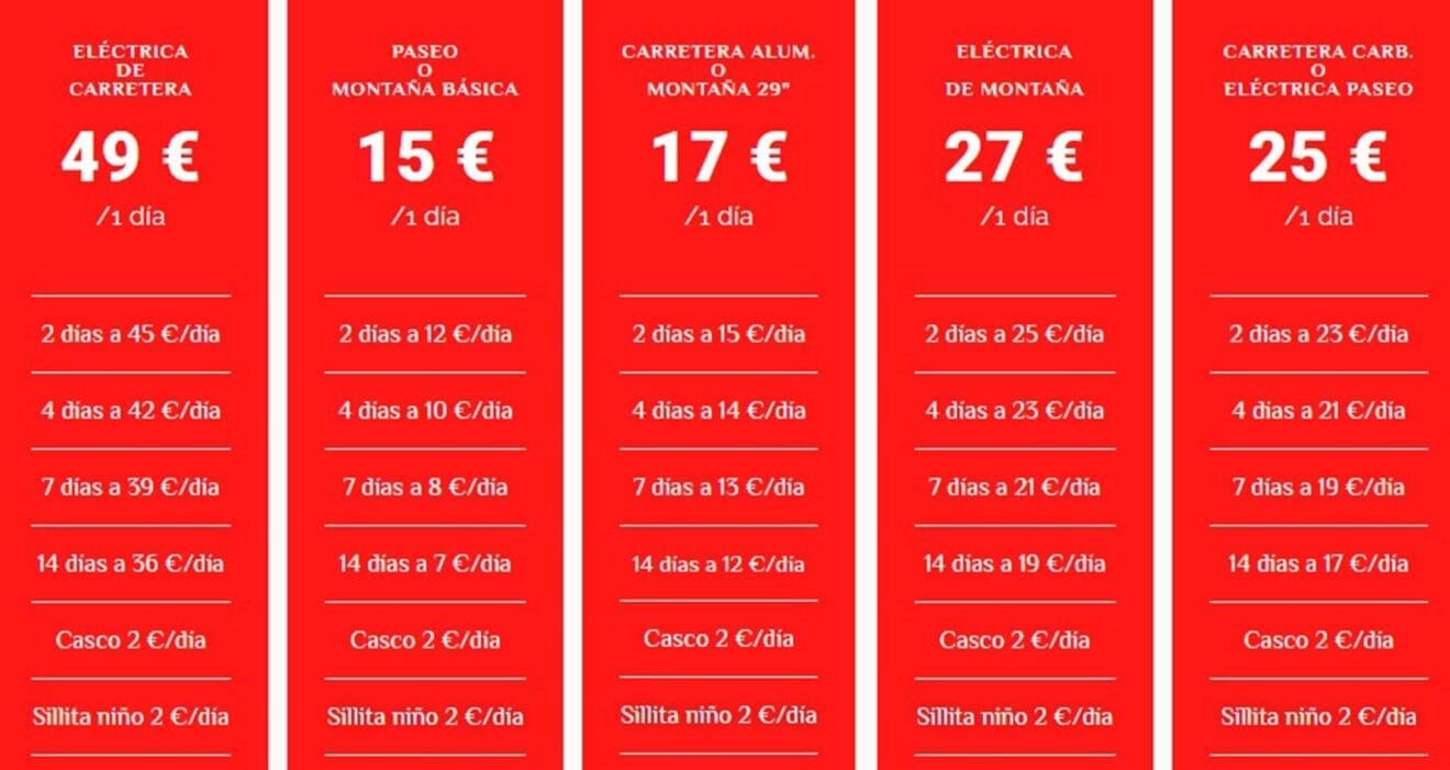 Lista de precios de las bicis en alquiler - Xabia's Bike