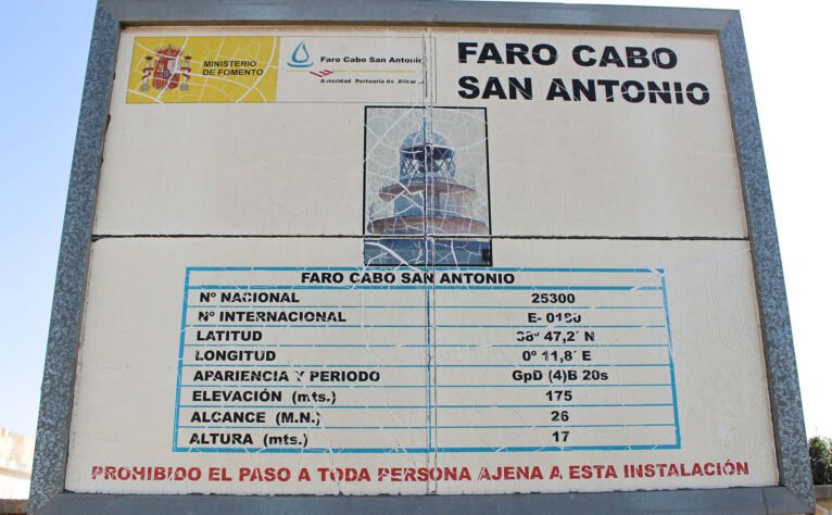 Panel informativo con datos técnicos del faro del Cap de Sant Antoni de Xàbia