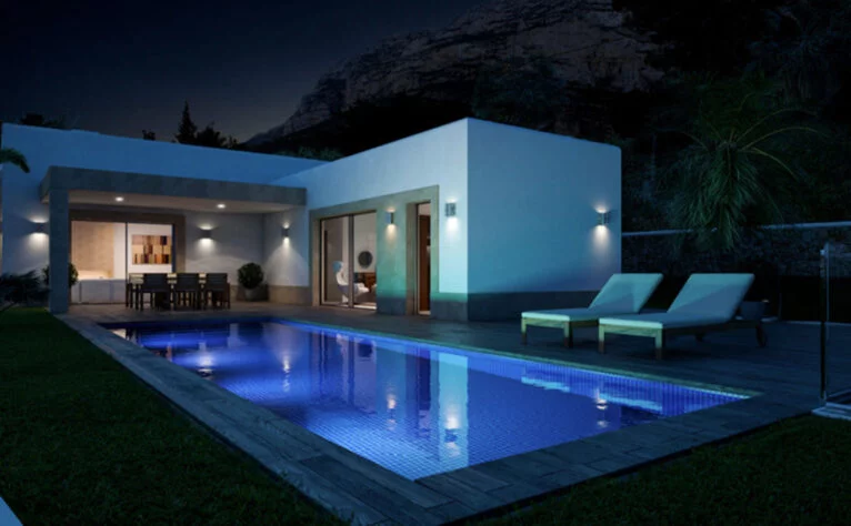 Vista nocturna de una vivienda diseñada por Lucas Graf Projects, 'Casa Diana'
