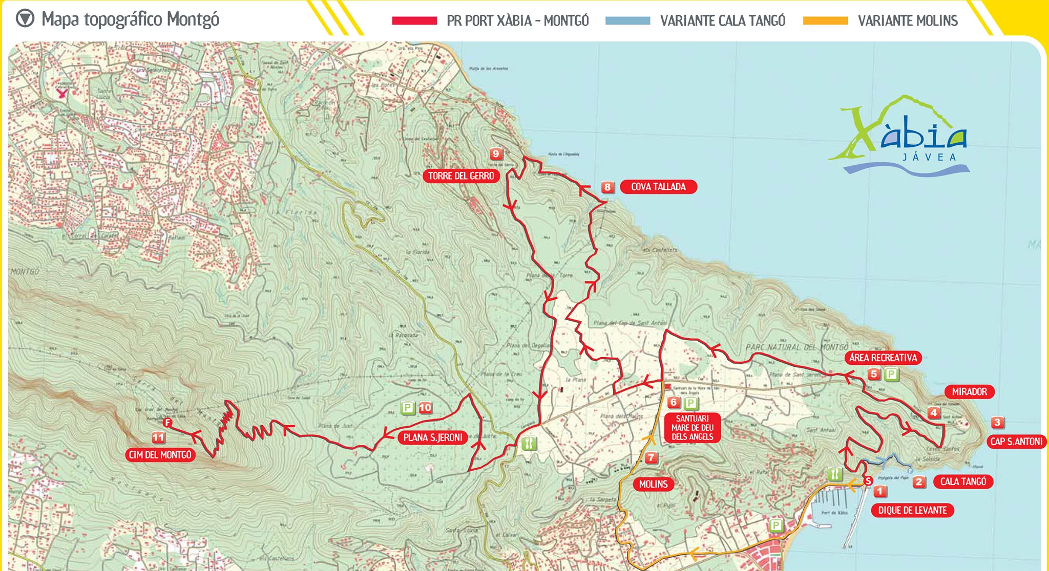 Mapa topográfico del Montgó. La línea roja corresponde a la ruta del Puerto de Jávea a la cima (Fuente: xabia.org)