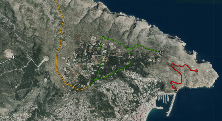 Ruta senderista del área recreativa a los Molinos de Jávea, marcada por la línea verde (Fuente: Institut Cartogràfic Valencià)