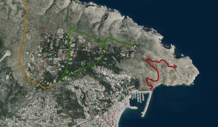 La ruta senderista del Cabo de San Antonio al Puerto de Jávea, marcada en rojo (Fuente: Institut Cartogràfic Valencià)