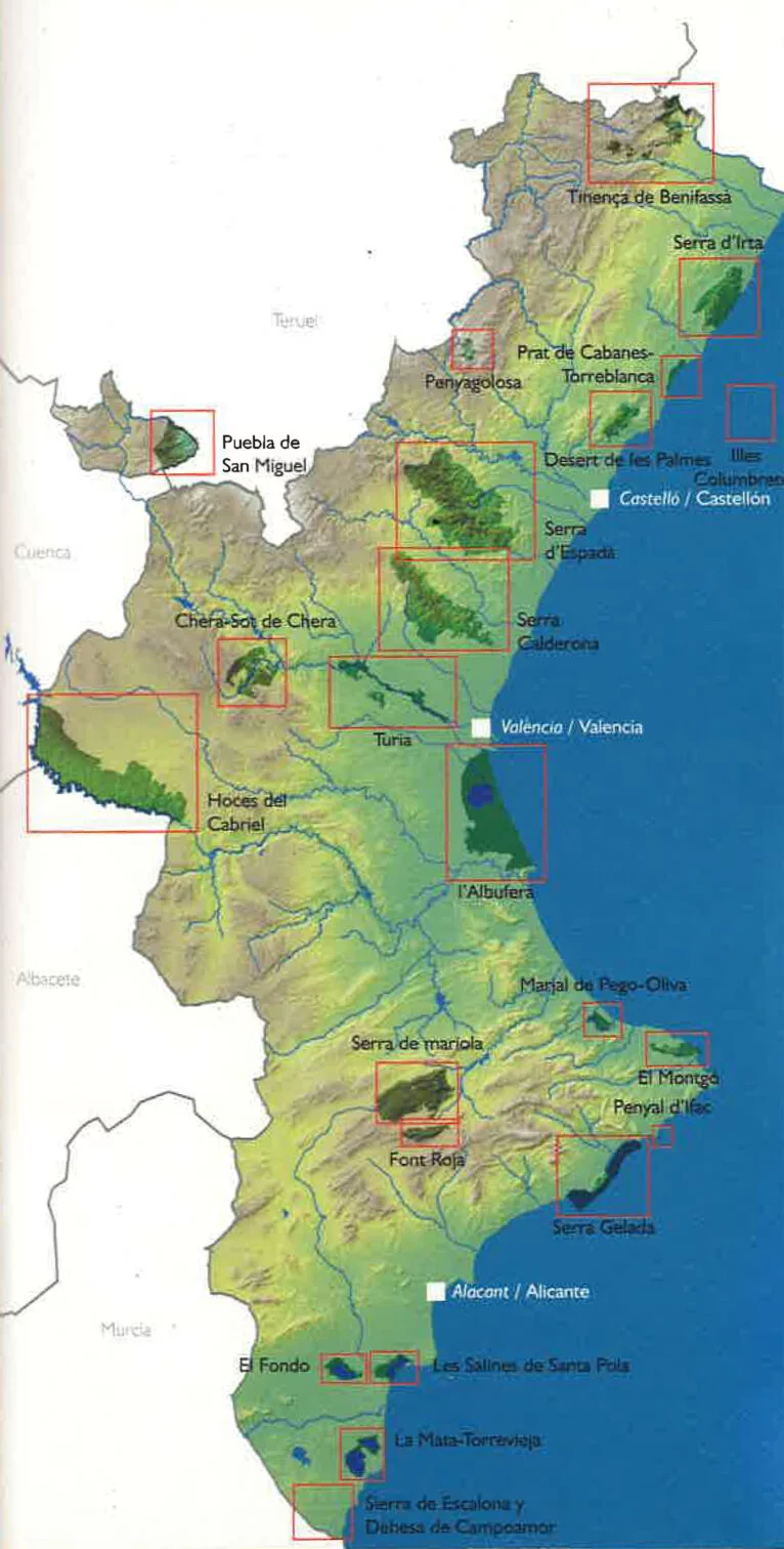 Mapa de situación de todos los Parques Naturales de la Comunitat Valenciana